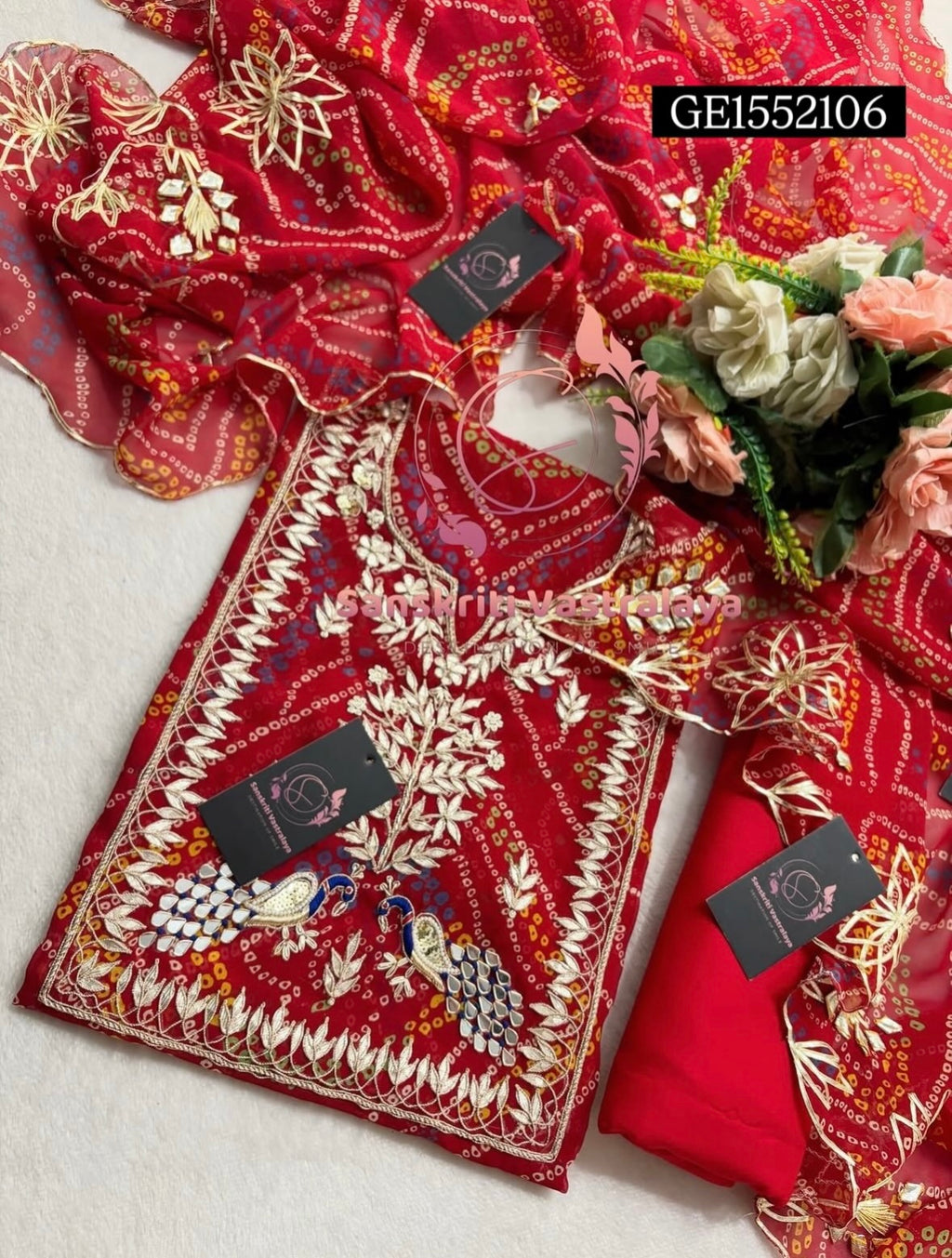 Georgette Bandhani Suit with Zardozi Handwork In Traditional Red colour ge1552106