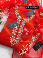 ORGANZA Zardogi Handwork 3pc DARK ORANGE UNSTICHED TIE DIE PRINT Suit jaipuri GOTA PATTI  OR1904202