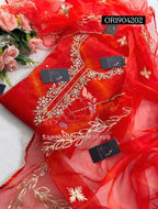 ORGANZA Zardogi Handwork 3pc DARK ORANGE UNSTICHED TIE DIE PRINT Suit jaipuri GOTA PATTI  OR1904202