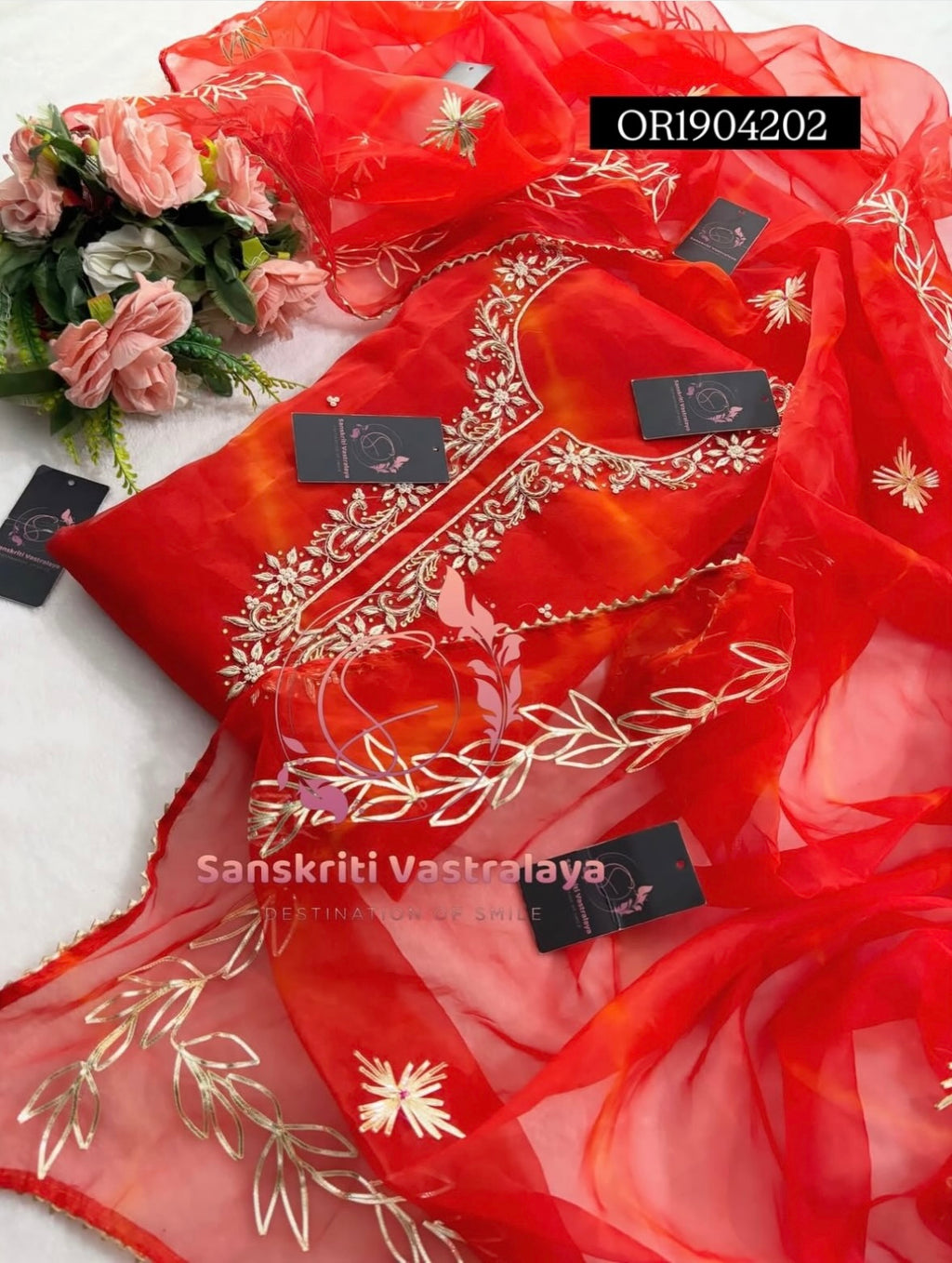 ORGANZA Zardogi Handwork 3pc DARK ORANGE UNSTICHED TIE DIE PRINT Suit jaipuri GOTA PATTI  OR1904202