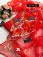 ORGANZA Zardogi Handwork 3pc DARK ORANGE UNSTICHED TIE DIE PRINT Suit jaipuri GOTA PATTI  OR1904202