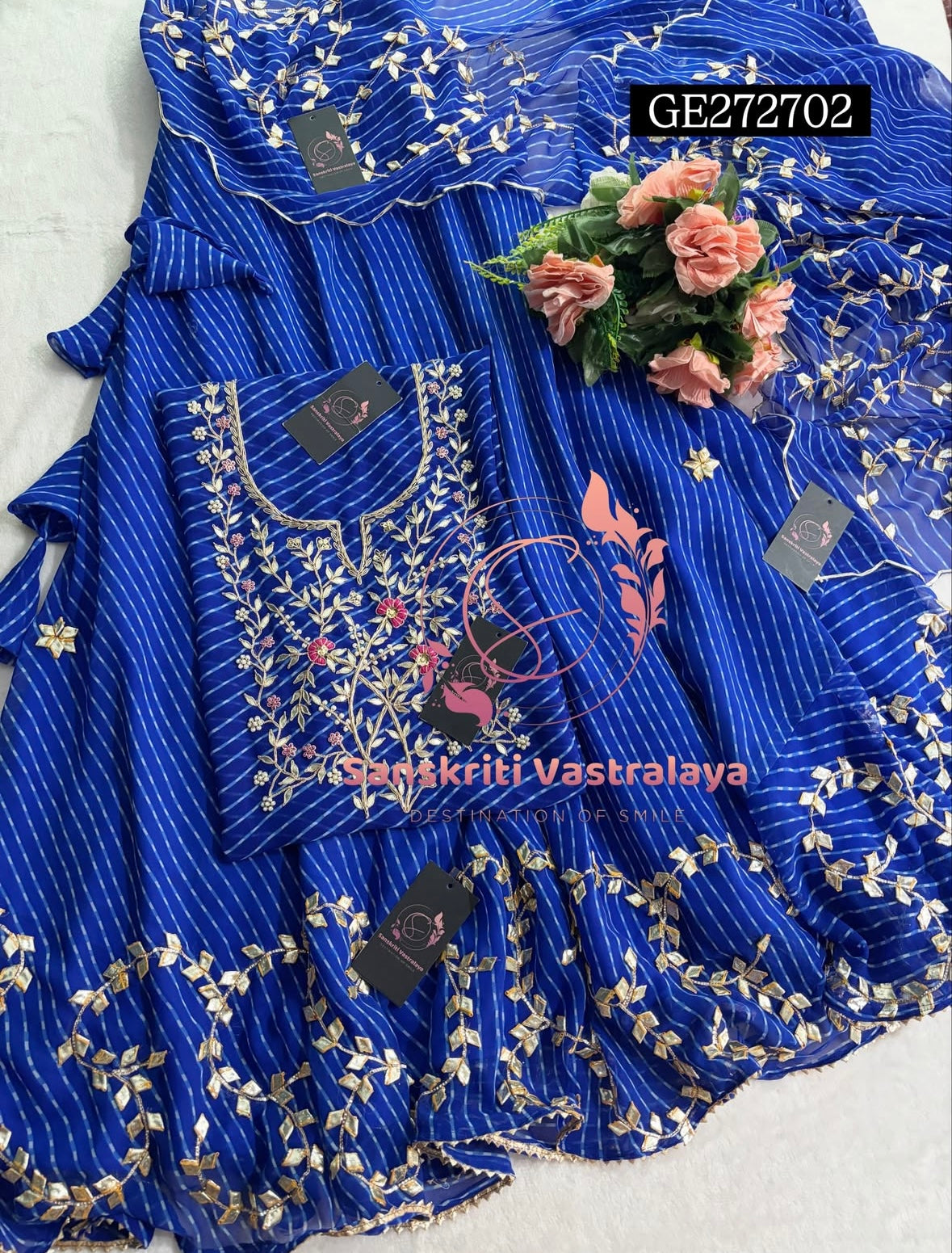SKIRT SET IN GEORGETTE | GOTA PATTI ZARDOSHI HANDWORK WORK 3 PC ROYAL BLIUE LEHENGA KURTA DUPATTA SET GR272702