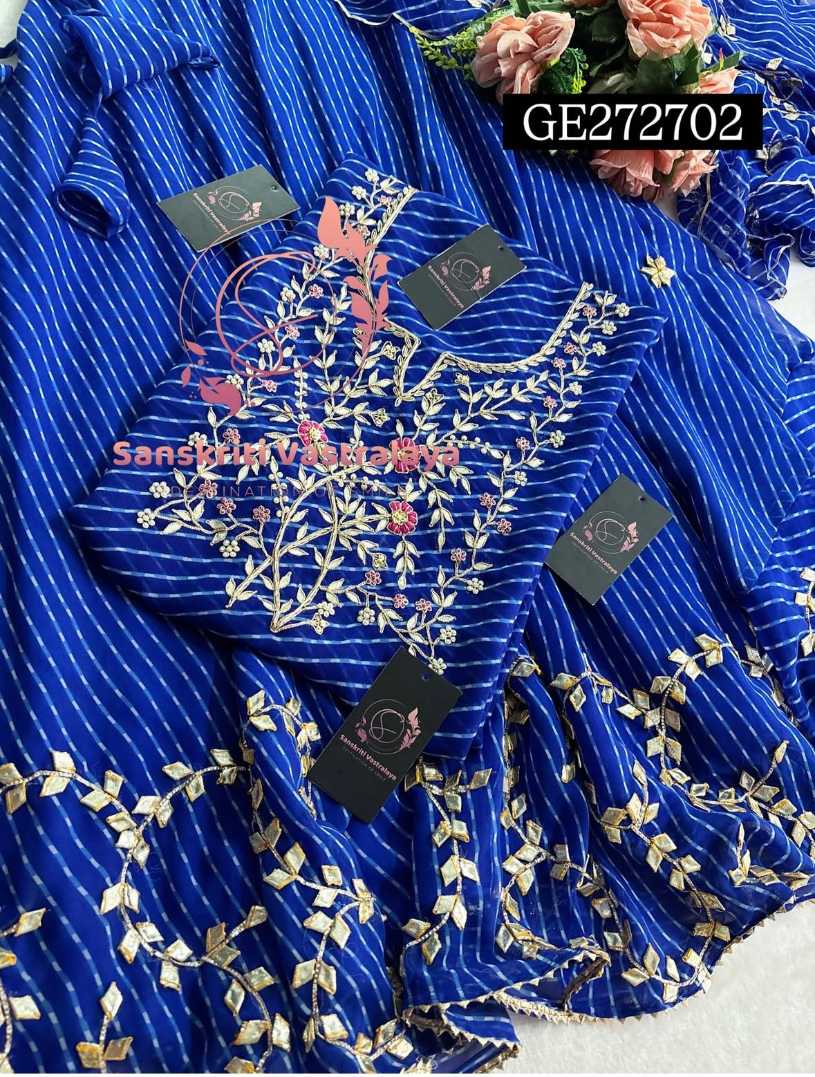 SKIRT SET IN GEORGETTE | GOTA PATTI ZARDOSHI HANDWORK WORK 3 PC ROYAL BLIUE LEHENGA KURTA DUPATTA SET GR272702