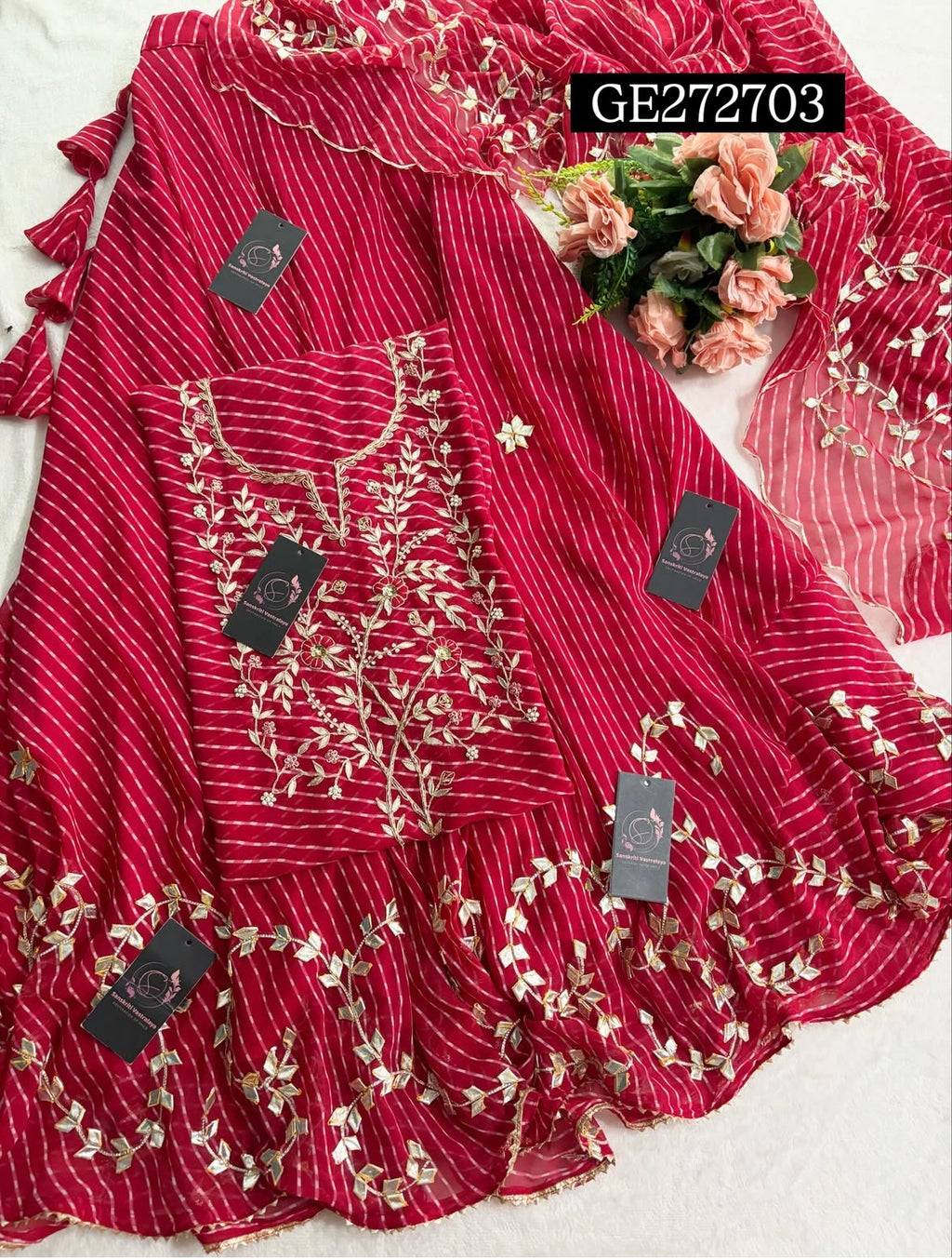 SKIRT SET IN GEORGETTE | GOTA PATTI ZARDOSHI HANDWORK WORK 3 PC RED LEHENGA KURTA DUPATTA SET GR272703