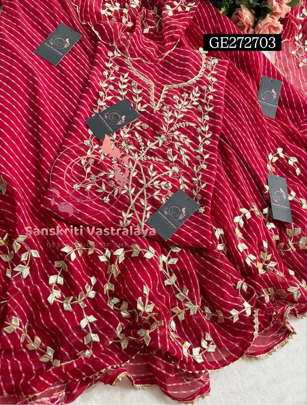 SKIRT SET IN GEORGETTE | GOTA PATTI ZARDOSHI HANDWORK WORK 3 PC RED LEHENGA KURTA DUPATTA SET GR272703