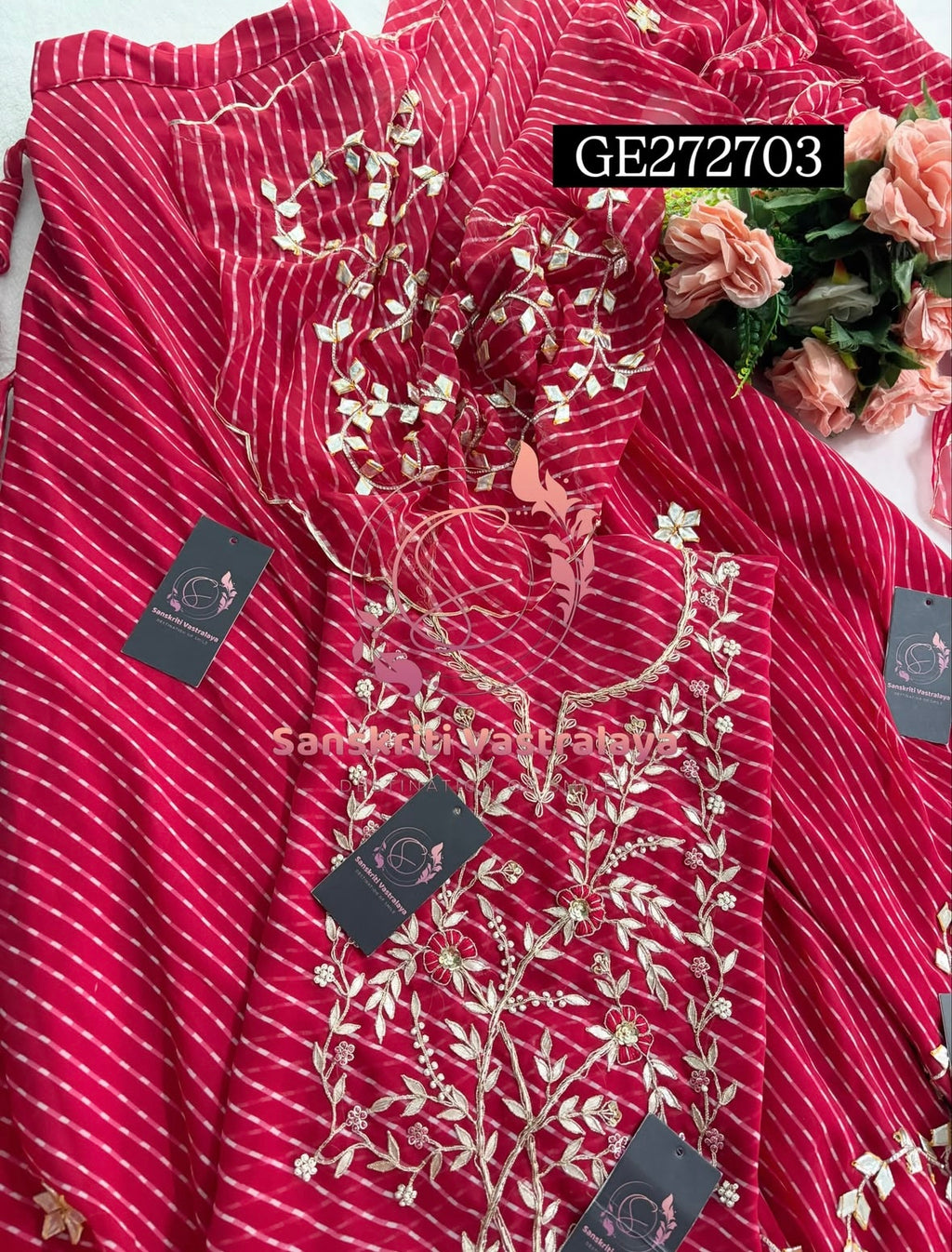 SKIRT SET IN GEORGETTE | GOTA PATTI ZARDOSHI HANDWORK WORK 3 PC RED LEHENGA KURTA DUPATTA SET GR272703