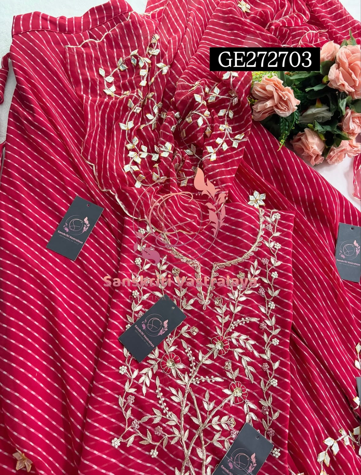 SKIRT SET IN GEORGETTE | GOTA PATTI ZARDOSHI HANDWORK WORK 3 PC RED LEHENGA KURTA DUPATTA SET GR272703
