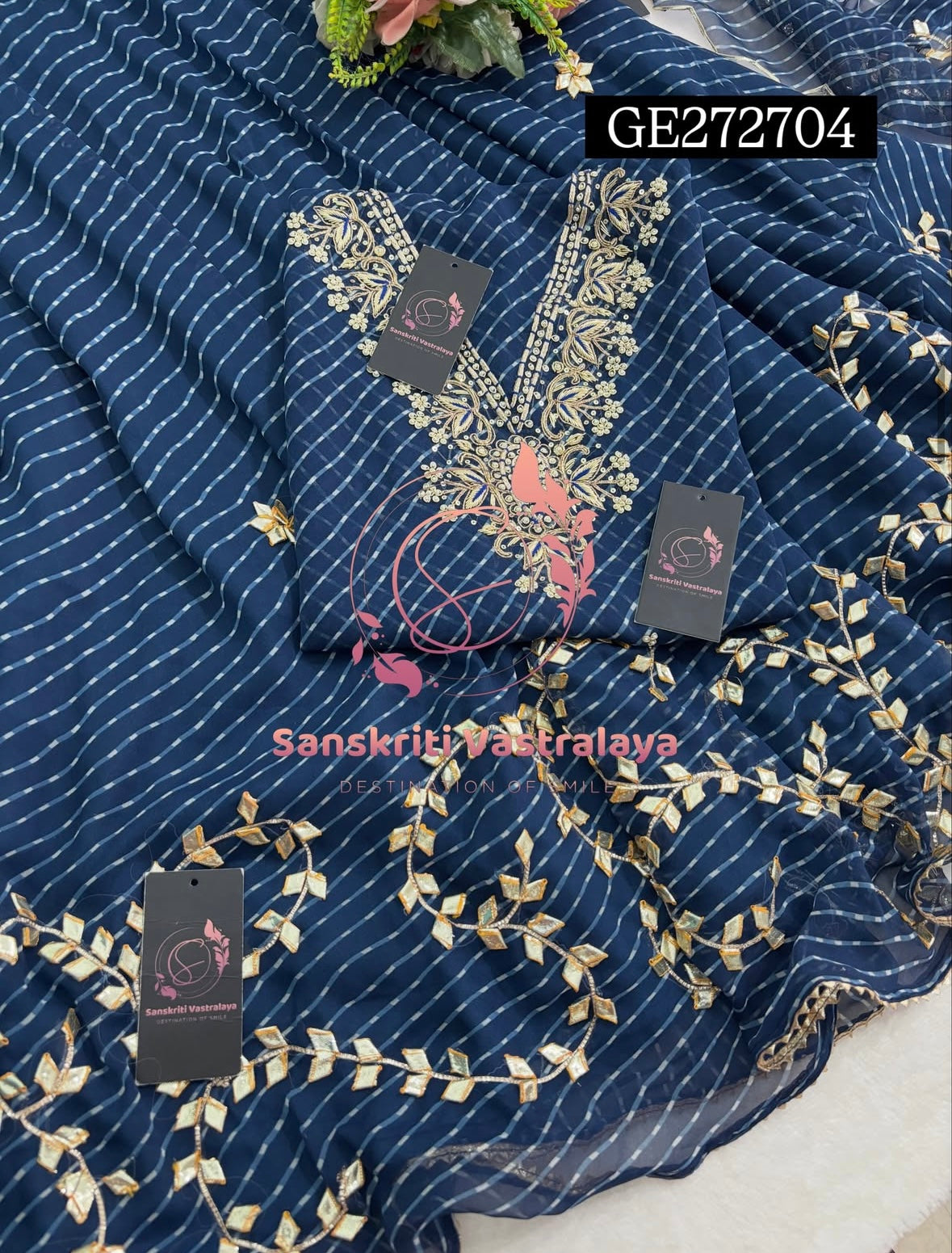 SKIRT SET IN GEORGETTE | GOTA PATTI ZARDOSHI HANDWORK WORK 3 PC NAVYBLUE  LEHENGA KURTA DUPATTA SET GR272704