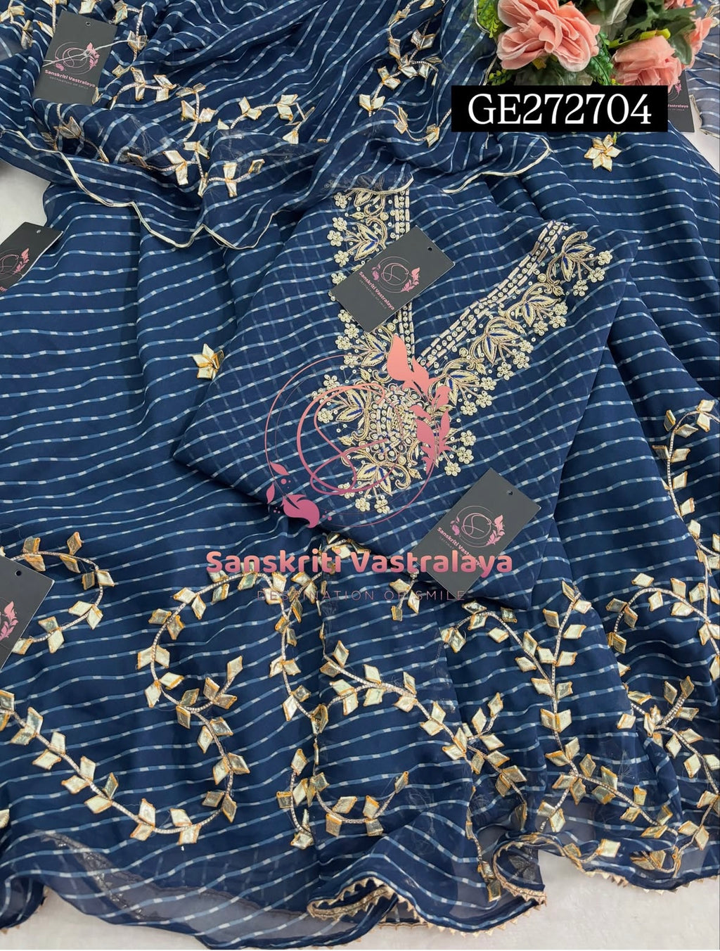 SKIRT SET IN GEORGETTE | GOTA PATTI ZARDOSHI HANDWORK WORK 3 PC NAVYBLUE  LEHENGA KURTA DUPATTA SET GR272704