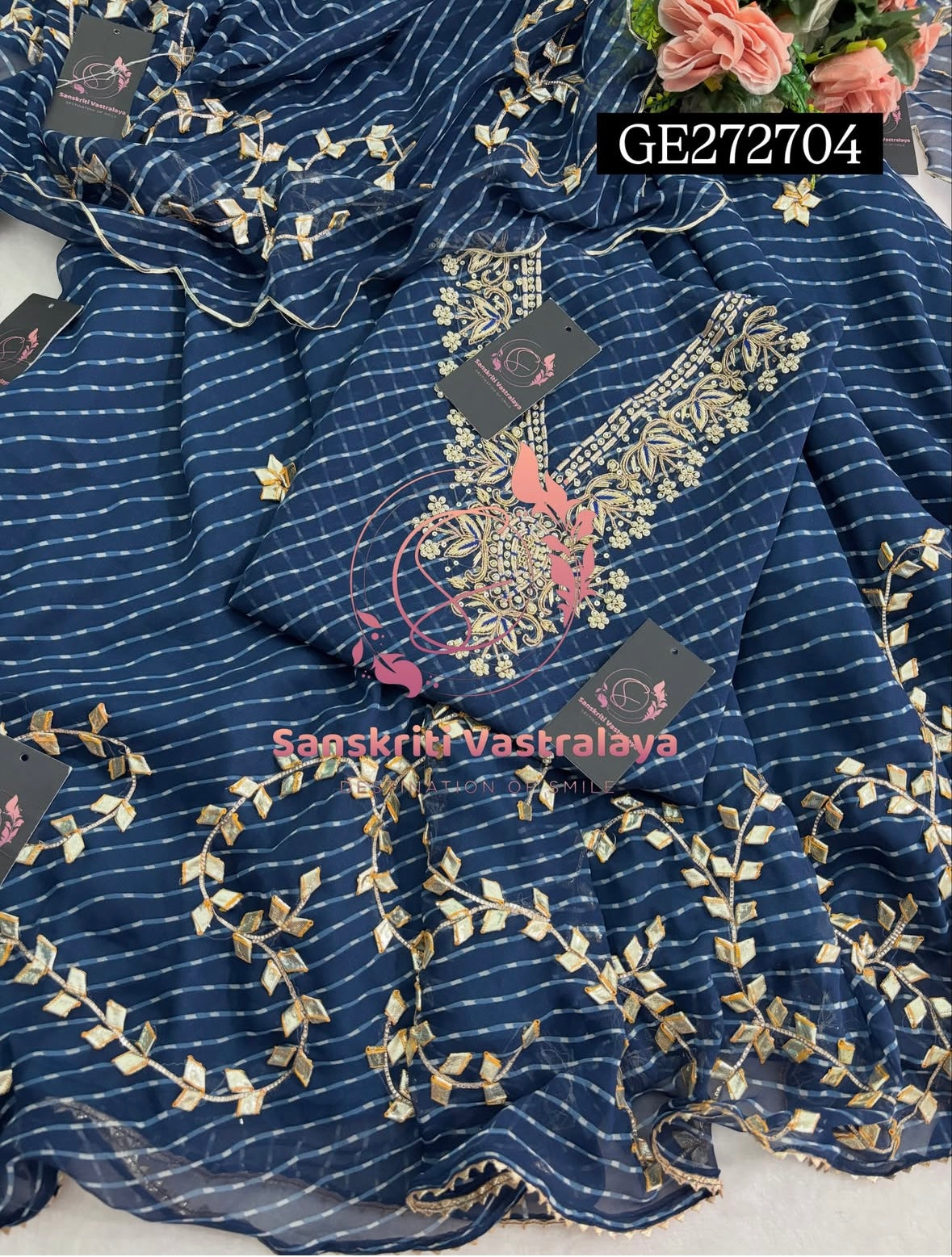 SKIRT SET IN GEORGETTE | GOTA PATTI ZARDOSHI HANDWORK WORK 3 PC NAVYBLUE  LEHENGA KURTA DUPATTA SET GR272704