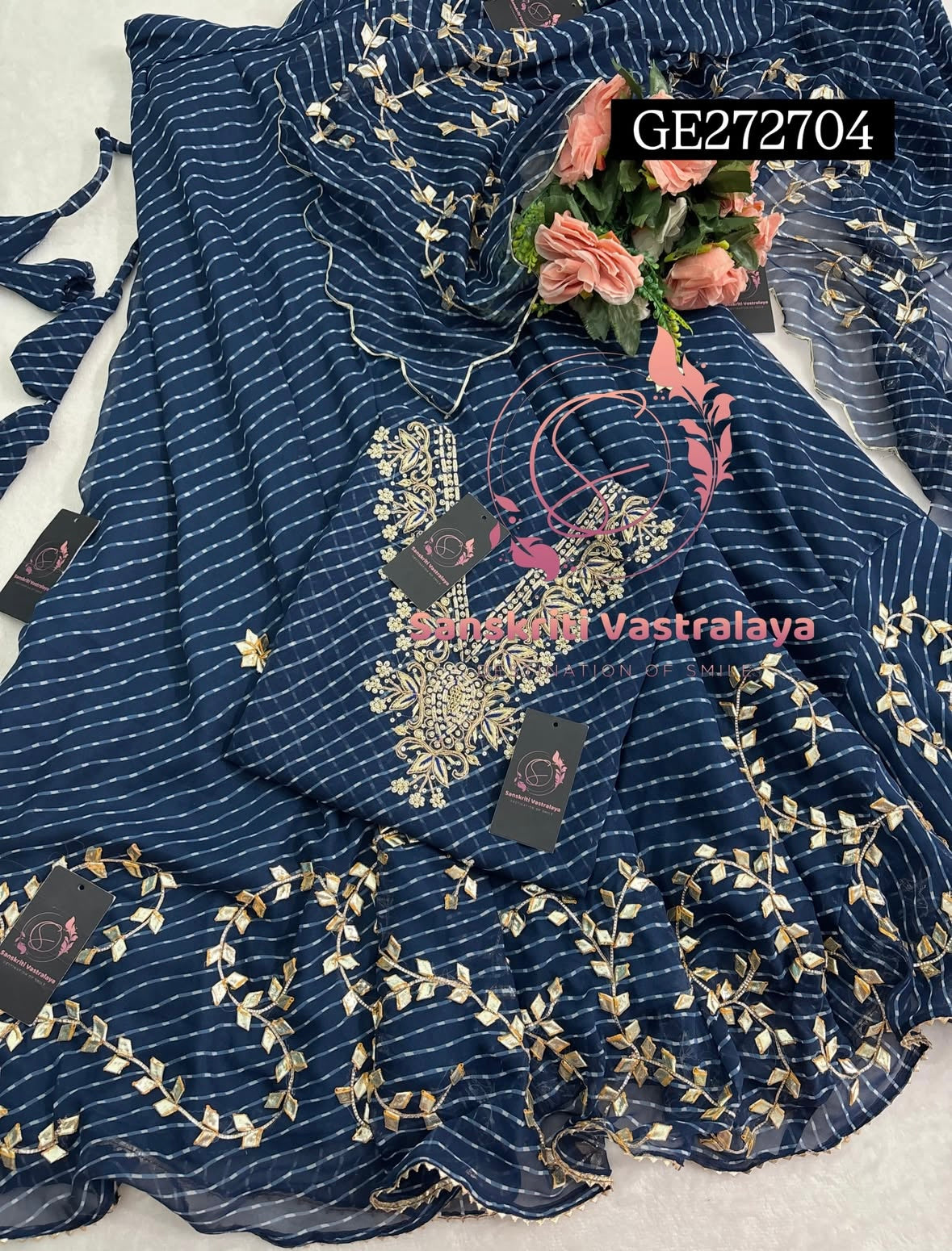 SKIRT SET IN GEORGETTE | GOTA PATTI ZARDOSHI HANDWORK WORK 3 PC NAVYBLUE  LEHENGA KURTA DUPATTA SET GR272704