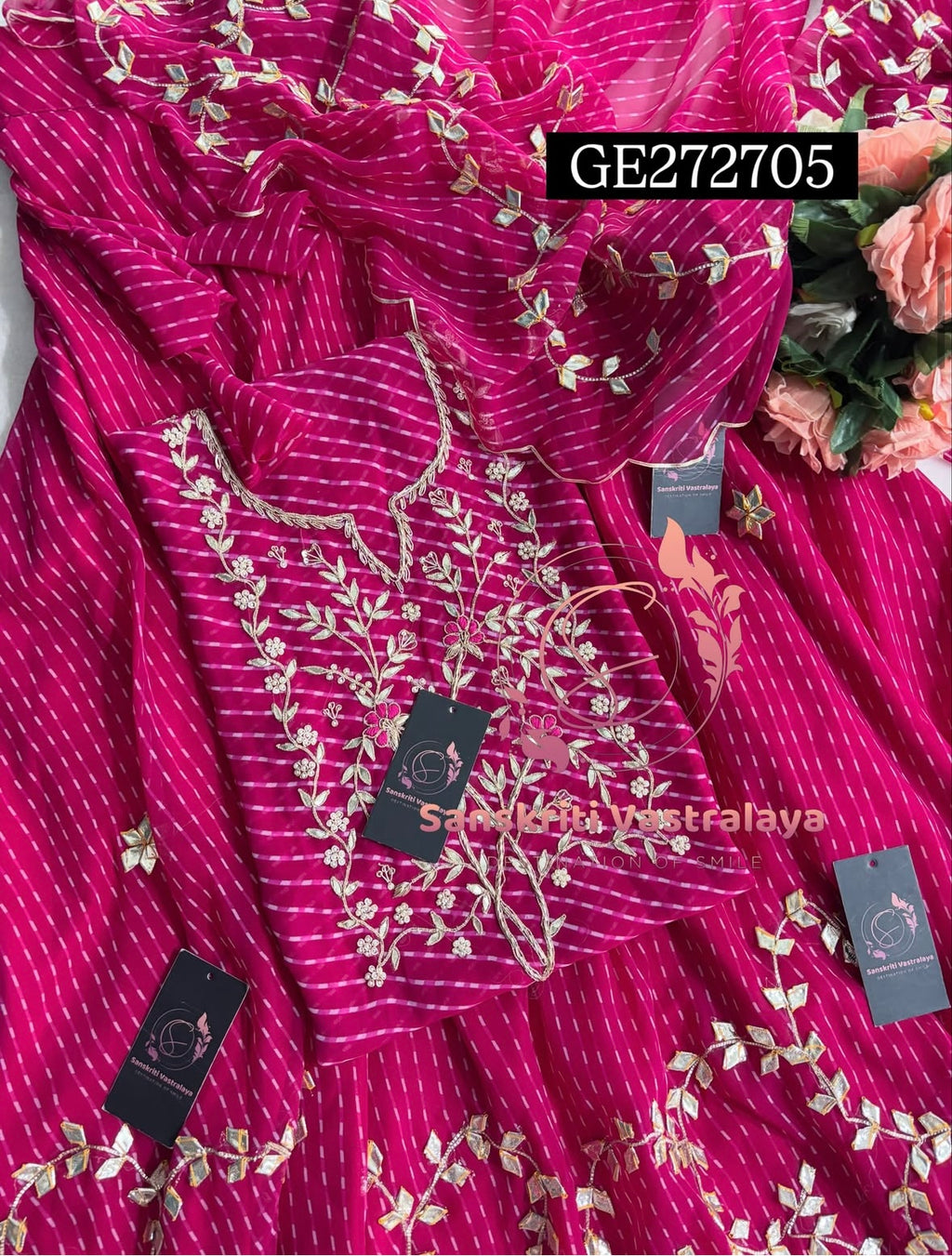 SKIRT SET IN GEORGETTE | GOTA PATTI ZARDOSHI HANDWORK WORK 3 PC MEGANTA PINK LEHENGA KURTA DUPATTA SET GR272705