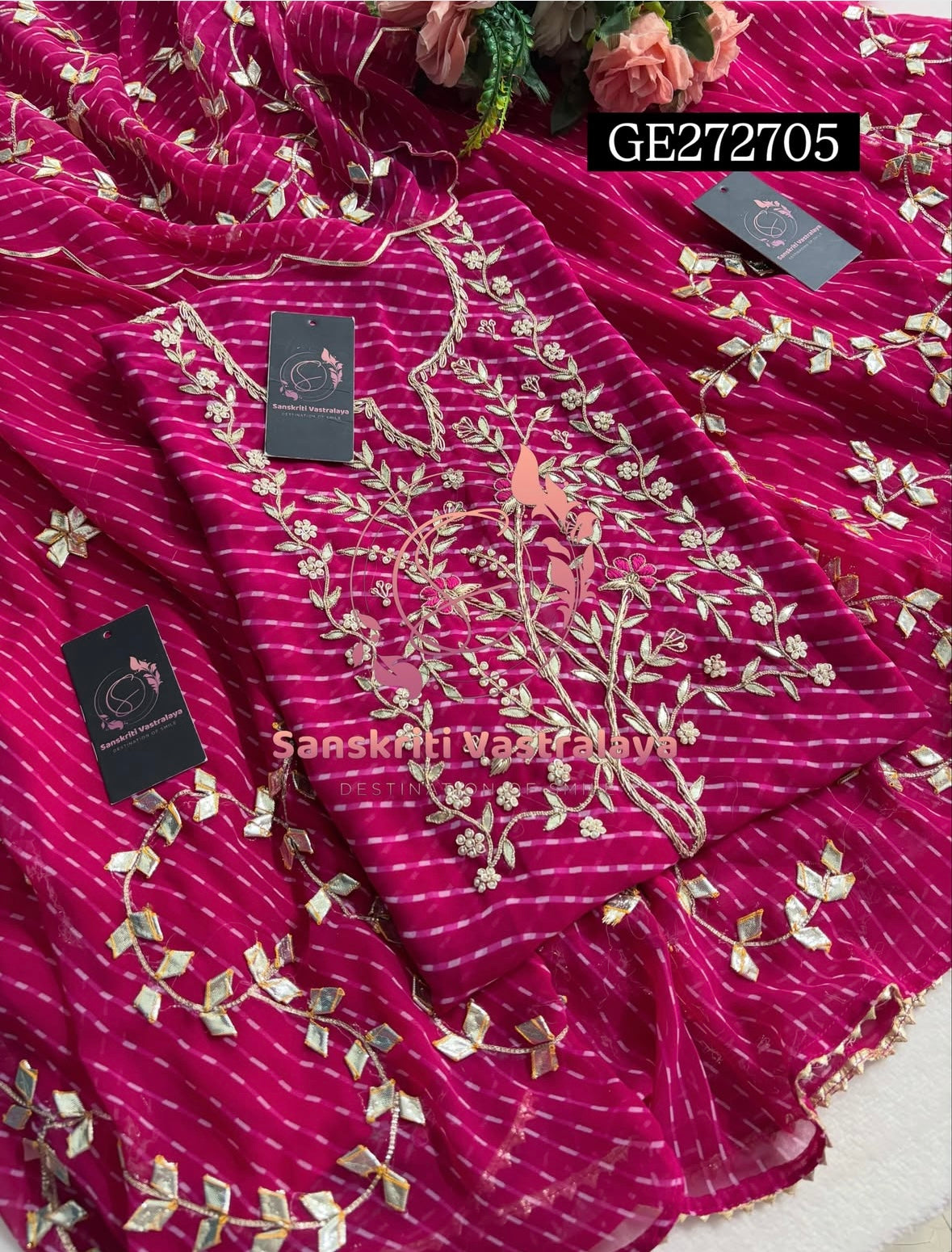 SKIRT SET IN GEORGETTE | GOTA PATTI ZARDOSHI HANDWORK WORK 3 PC MEGANTA PINK LEHENGA KURTA DUPATTA SET GR272705