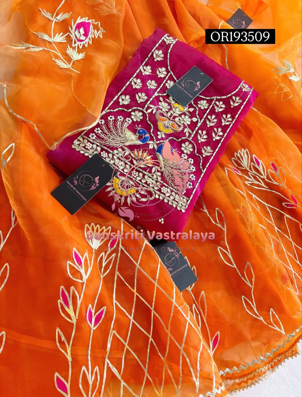 SKIRT SET IN ORANGE PINK | GOTA PATTI ZARDOSHI HANDWORK WORK 3 PC ORGANZA LEHENGA OR193509