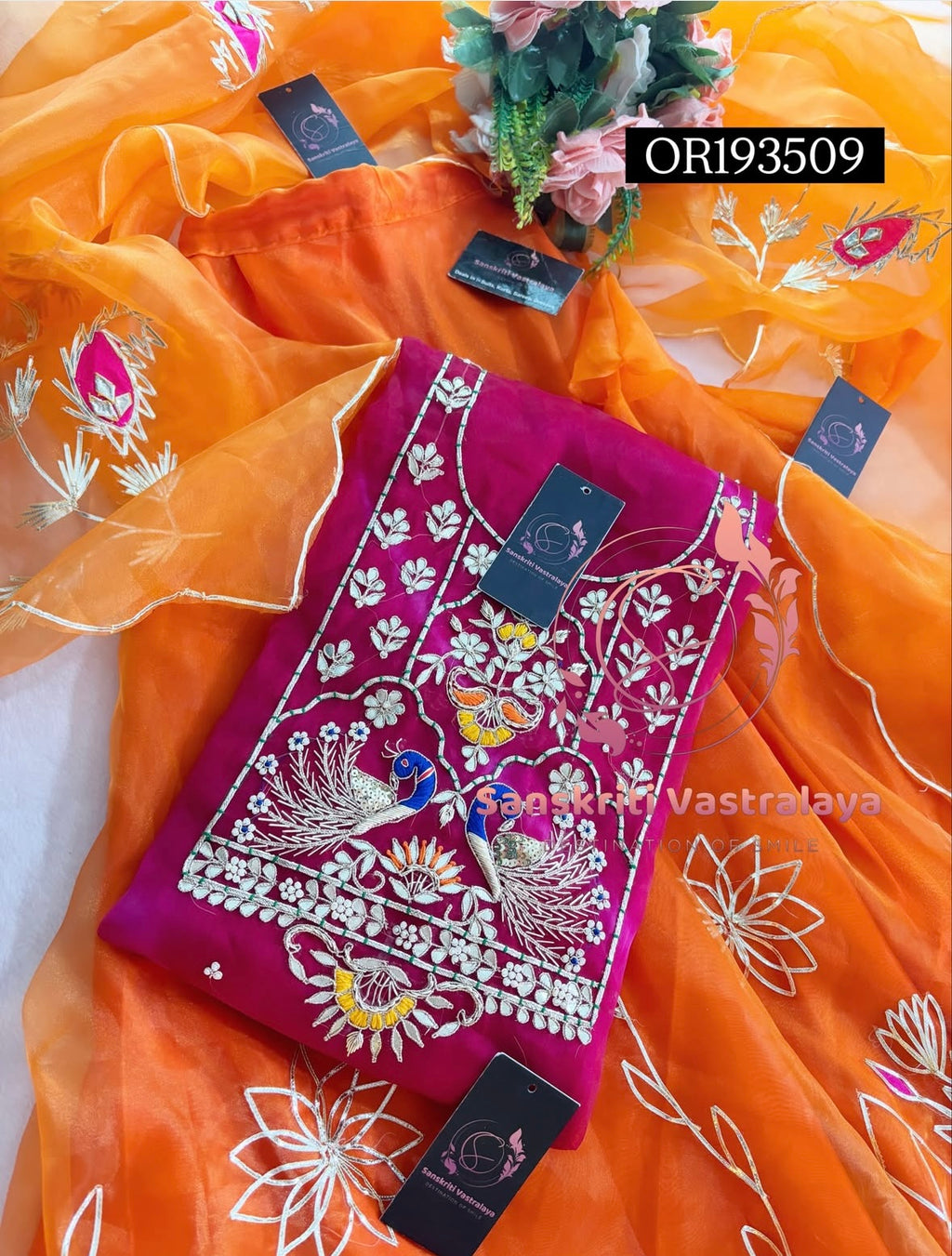 SKIRT SET IN ORANGE PINK | GOTA PATTI ZARDOSHI HANDWORK WORK 3 PC ORGANZA LEHENGA OR193509