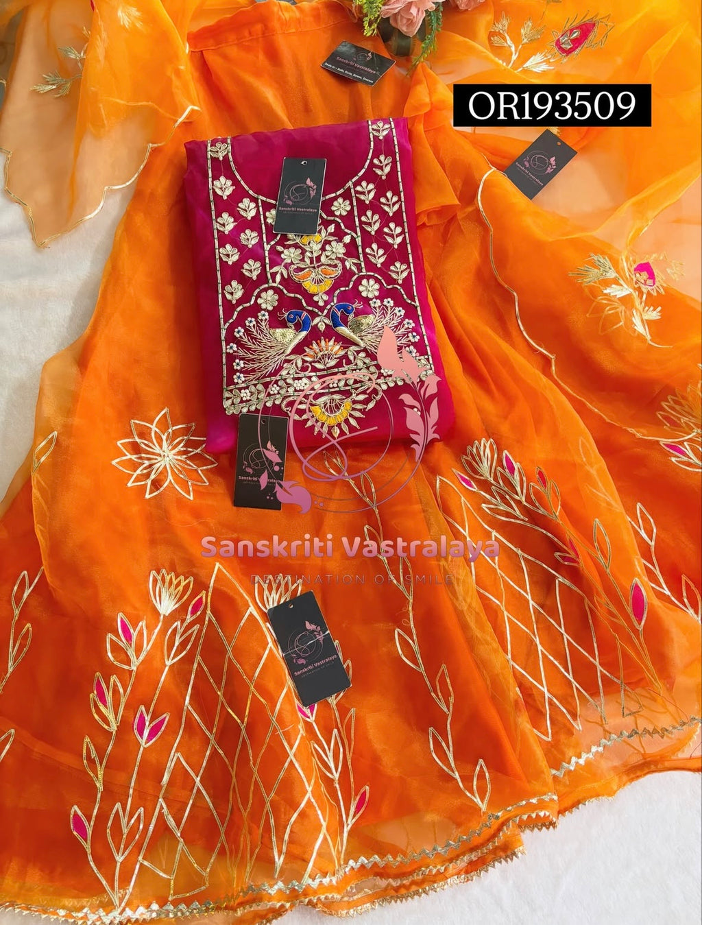 SKIRT SET IN ORANGE PINK | GOTA PATTI ZARDOSHI HANDWORK WORK 3 PC ORGANZA LEHENGA OR193509