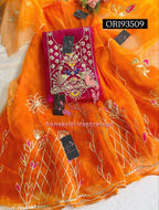 SKIRT SET IN ORANGE PINK | GOTA PATTI ZARDOSHI HANDWORK WORK 3 PC ORGANZA LEHENGA OR193509