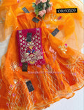 SKIRT SET IN ORANGE PINK | GOTA PATTI ZARDOSHI HANDWORK WORK 3 PC ORGANZA LEHENGA OR193509
