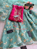 SKIRT SET IN SEE GREEN AND PINK | GOTA PATTI ZARDOSHI HANDWORK WORK 3 PC ORGANZA LEHENGA OR282808