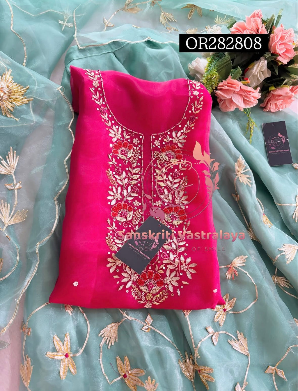 SKIRT SET IN SEE GREEN AND PINK | GOTA PATTI ZARDOSHI HANDWORK WORK 3 PC ORGANZA LEHENGA OR282808