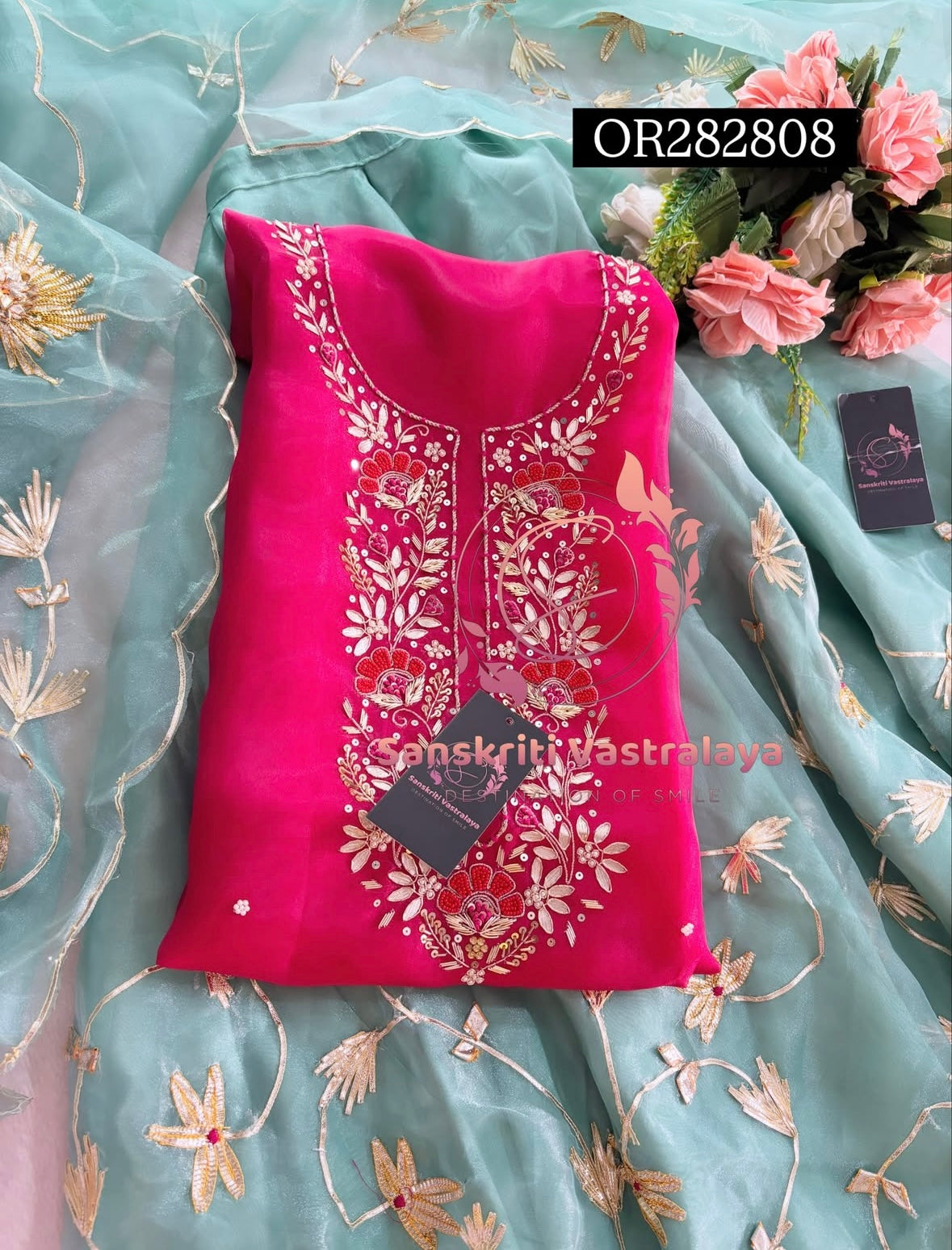 SKIRT SET IN SEE GREEN AND PINK | GOTA PATTI ZARDOSHI HANDWORK WORK 3 PC ORGANZA LEHENGA OR282808