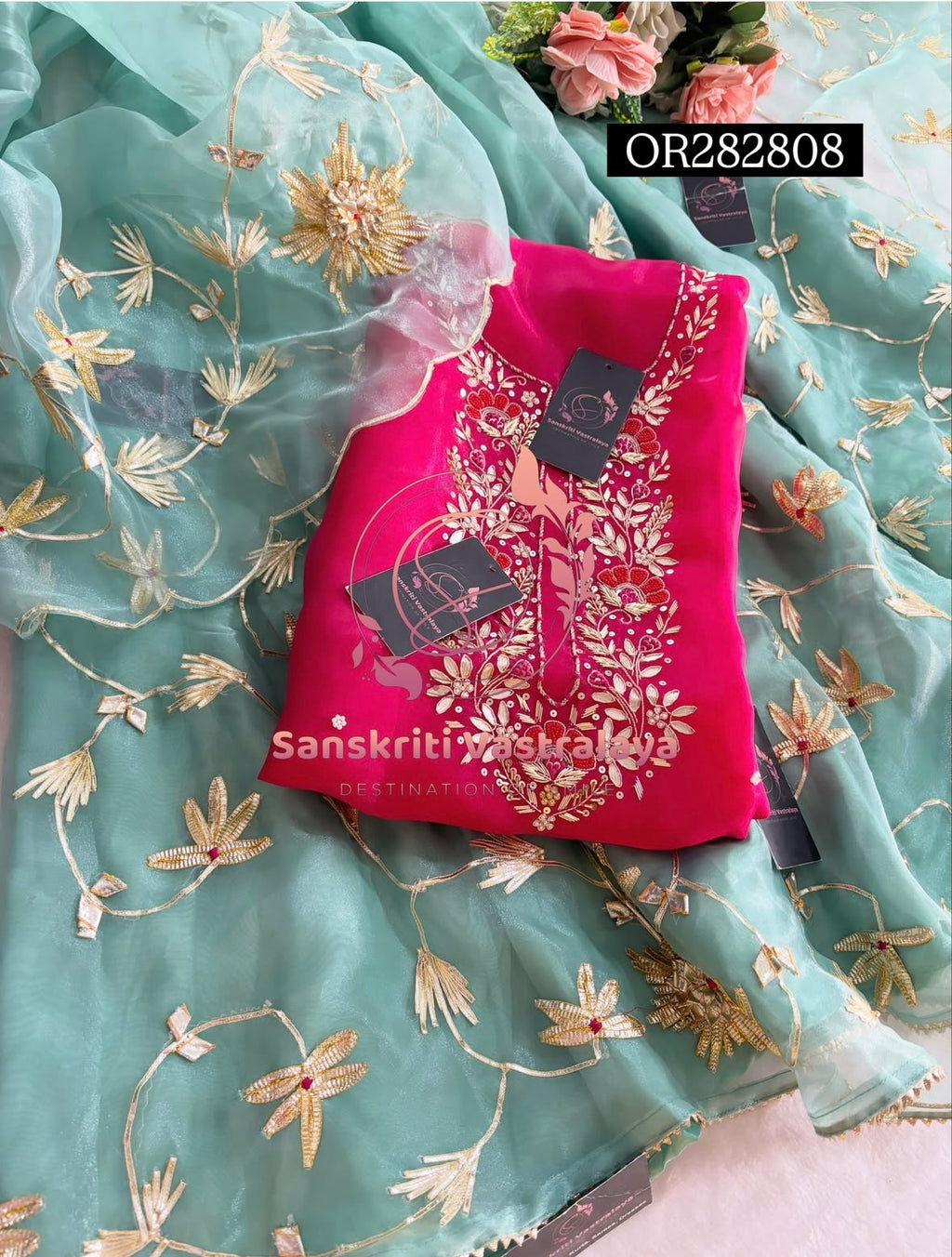 SKIRT SET IN SEE GREEN AND PINK | GOTA PATTI ZARDOSHI HANDWORK WORK 3 PC ORGANZA LEHENGA OR282808