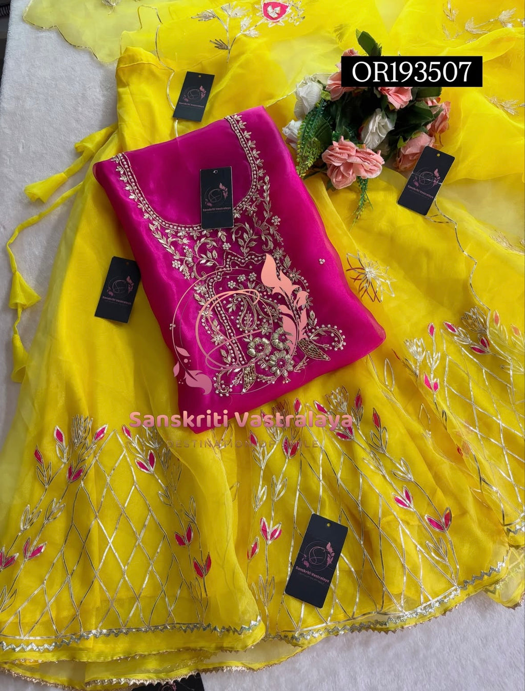 SKIRT SET IN YELLOW PINK | GOTA PATTI ZARDOSHI HANDWORK WORK 3 PC ORGANZA LEHENGA OR193507