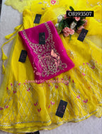 SKIRT SET IN YELLOW PINK | GOTA PATTI ZARDOSHI HANDWORK WORK 3 PC ORGANZA LEHENGA OR193507