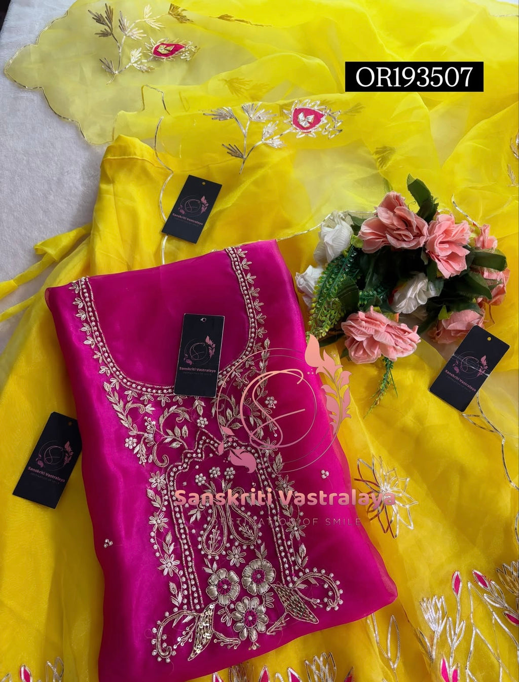 SKIRT SET IN YELLOW PINK | GOTA PATTI ZARDOSHI HANDWORK WORK 3 PC ORGANZA LEHENGA OR193507
