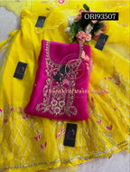 SKIRT SET IN YELLOW PINK | GOTA PATTI ZARDOSHI HANDWORK WORK 3 PC ORGANZA LEHENGA OR193507