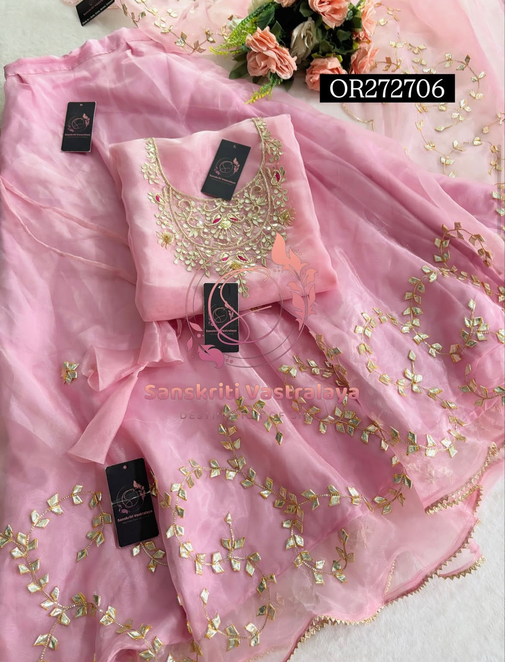 SKIRT SET IN ONION BABYPINK  | GOTA PATTI ZARDOSHI HANDWORK WORK 3 PC ORGANZA LEHENGA OR272706
