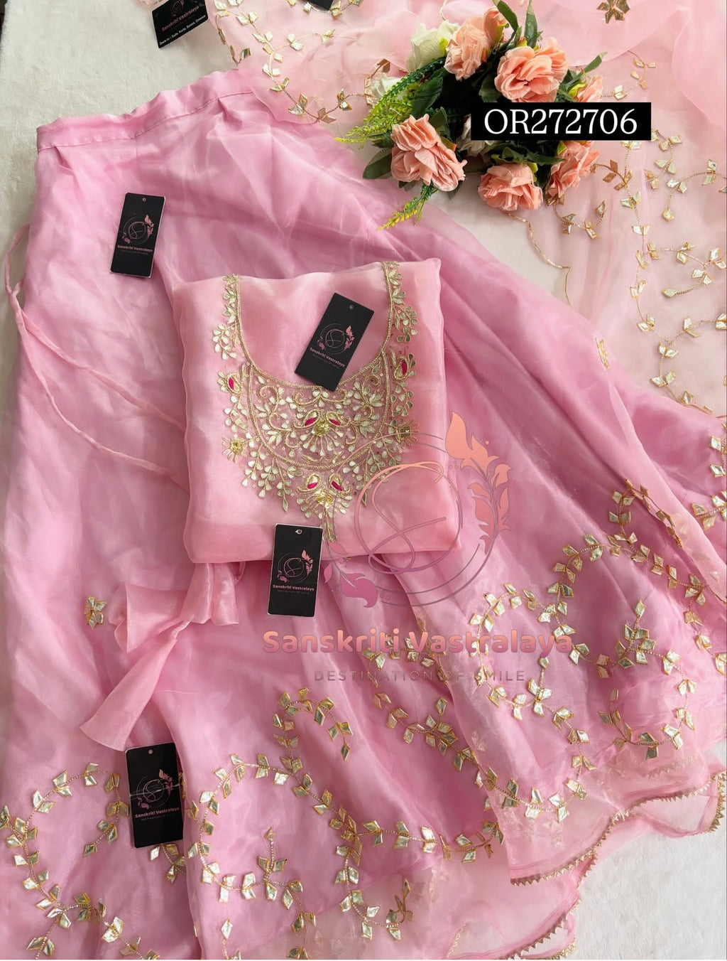 SKIRT SET IN ONION BABYPINK  | GOTA PATTI ZARDOSHI HANDWORK WORK 3 PC ORGANZA LEHENGA OR272706