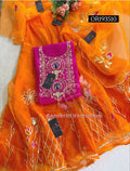 SKIRT SET IN ORANGE PINK | GOTA PATTI ZARDOSHI HANDWORK WORK 3 PC ORGANZA LEHENGA OR193510