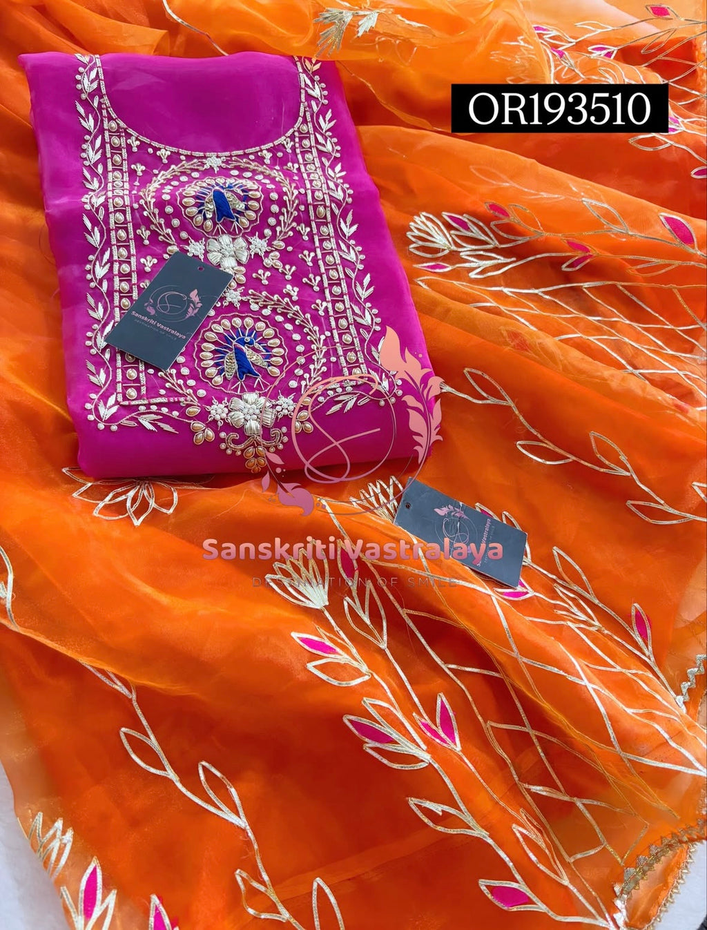 SKIRT SET IN ORANGE PINK | GOTA PATTI ZARDOSHI HANDWORK WORK 3 PC ORGANZA LEHENGA OR193510