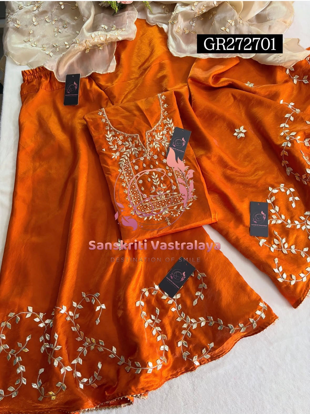 JIMMY SILK GHARARA SET 3 pc IN RUST WITH ZARDOSHI HANDWORK GR272701