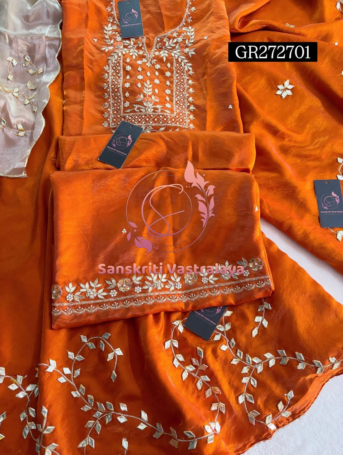 JIMMY SILK GHARARA SET 3 pc IN RUST WITH ZARDOSHI HANDWORK GR272701