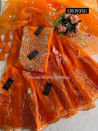 SKIRT SET IN ORANGE | GOTA PATTI ZARDOSHI HANDWORK WORK 3 PC ORGANZA LEHENGA OR193511