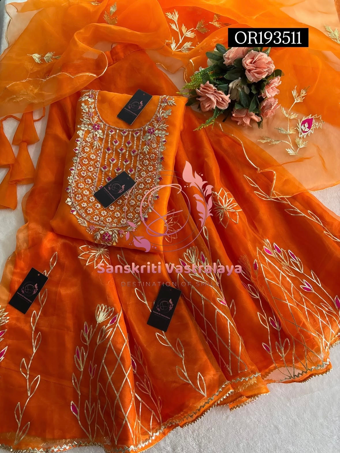SKIRT SET IN ORANGE | GOTA PATTI ZARDOSHI HANDWORK WORK 3 PC ORGANZA LEHENGA OR193511