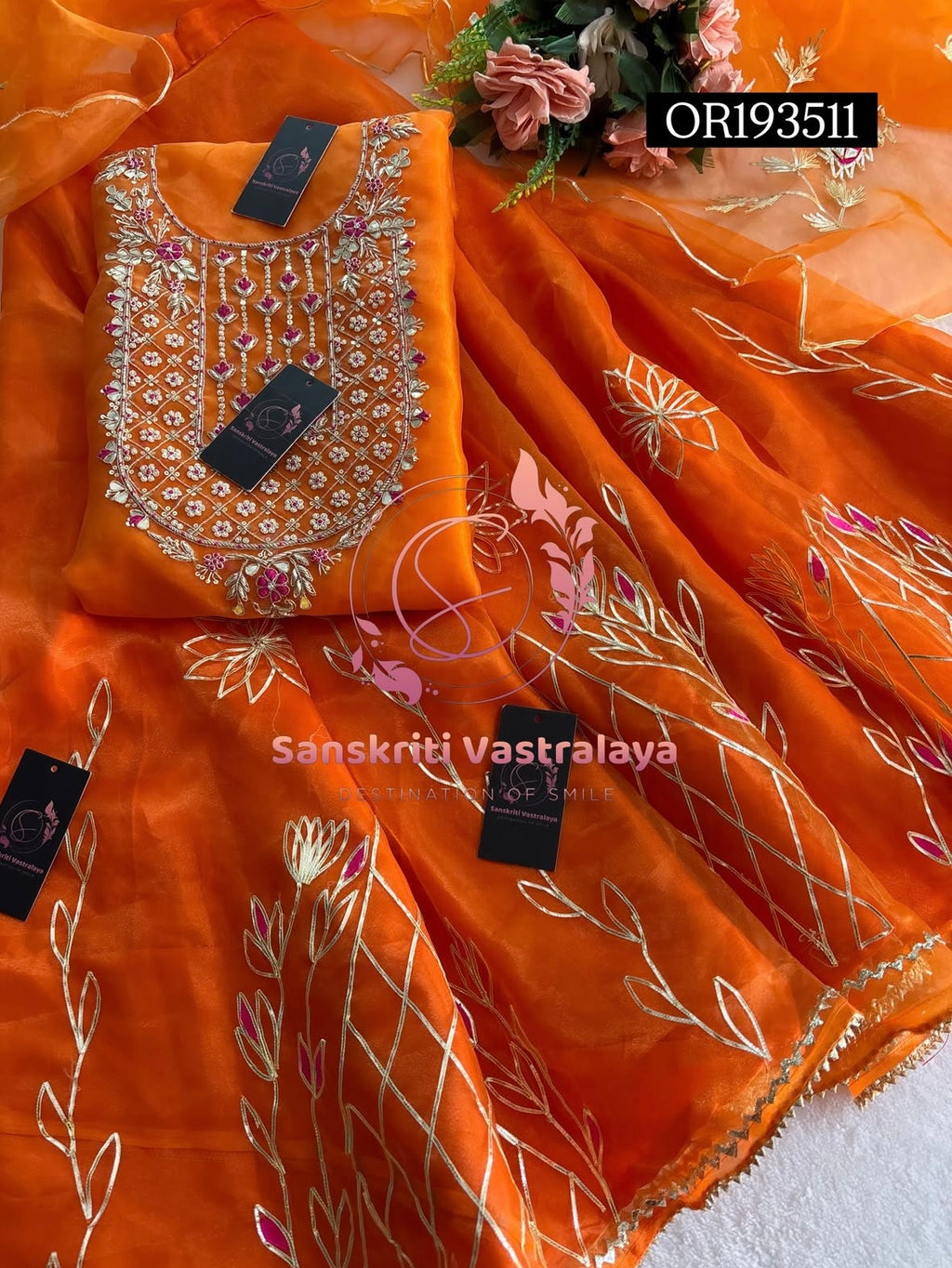 SKIRT SET IN ORANGE | GOTA PATTI ZARDOSHI HANDWORK WORK 3 PC ORGANZA LEHENGA OR193511