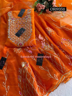 SKIRT SET IN ORANGE | GOTA PATTI ZARDOSHI HANDWORK WORK 3 PC ORGANZA LEHENGA OR193511