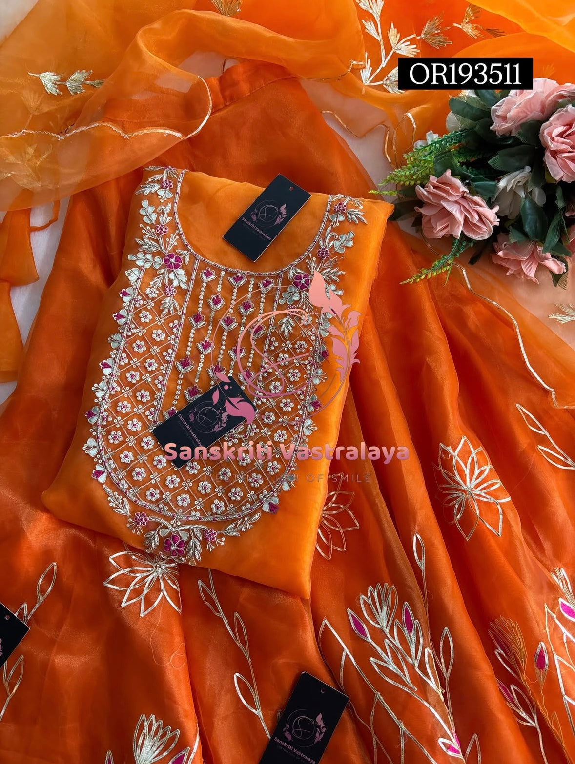 SKIRT SET IN ORANGE | GOTA PATTI ZARDOSHI HANDWORK WORK 3 PC ORGANZA LEHENGA OR193511