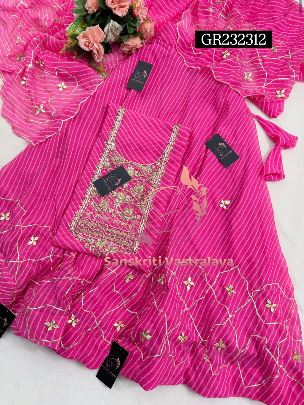 SKIRT SET IN GEORGETTE | GOTA PATTI ZARDOSHI HANDWORK WORK 3 PC BABYPINK LEHENGA KURTA DUPATTA SET GR232312