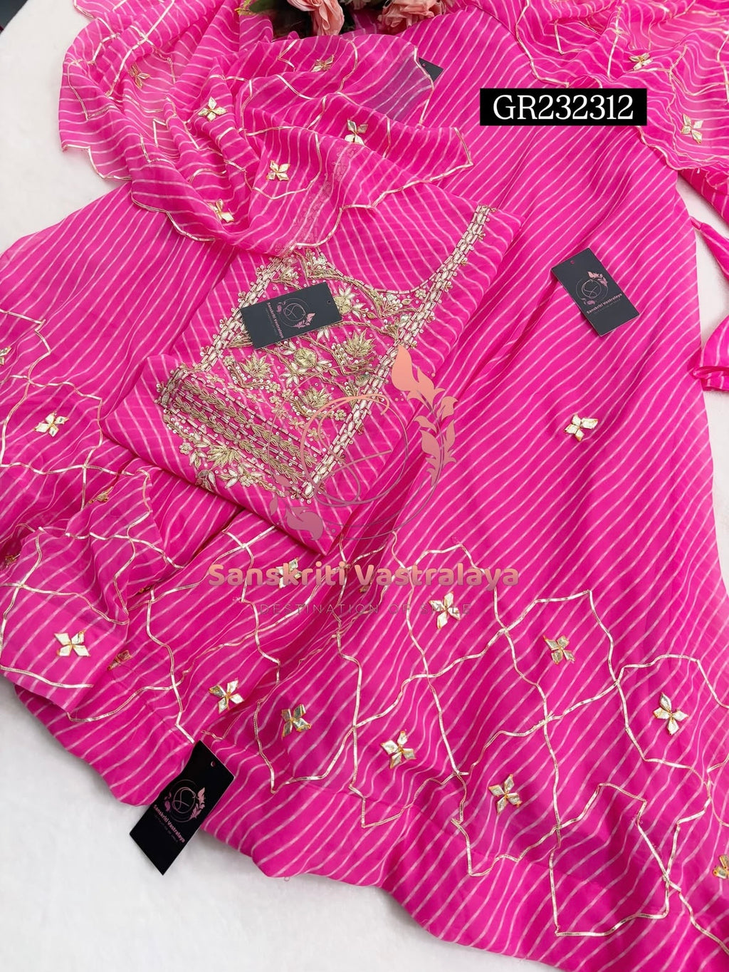 SKIRT SET IN GEORGETTE | GOTA PATTI ZARDOSHI HANDWORK WORK 3 PC BABYPINK LEHENGA KURTA DUPATTA SET GR232312