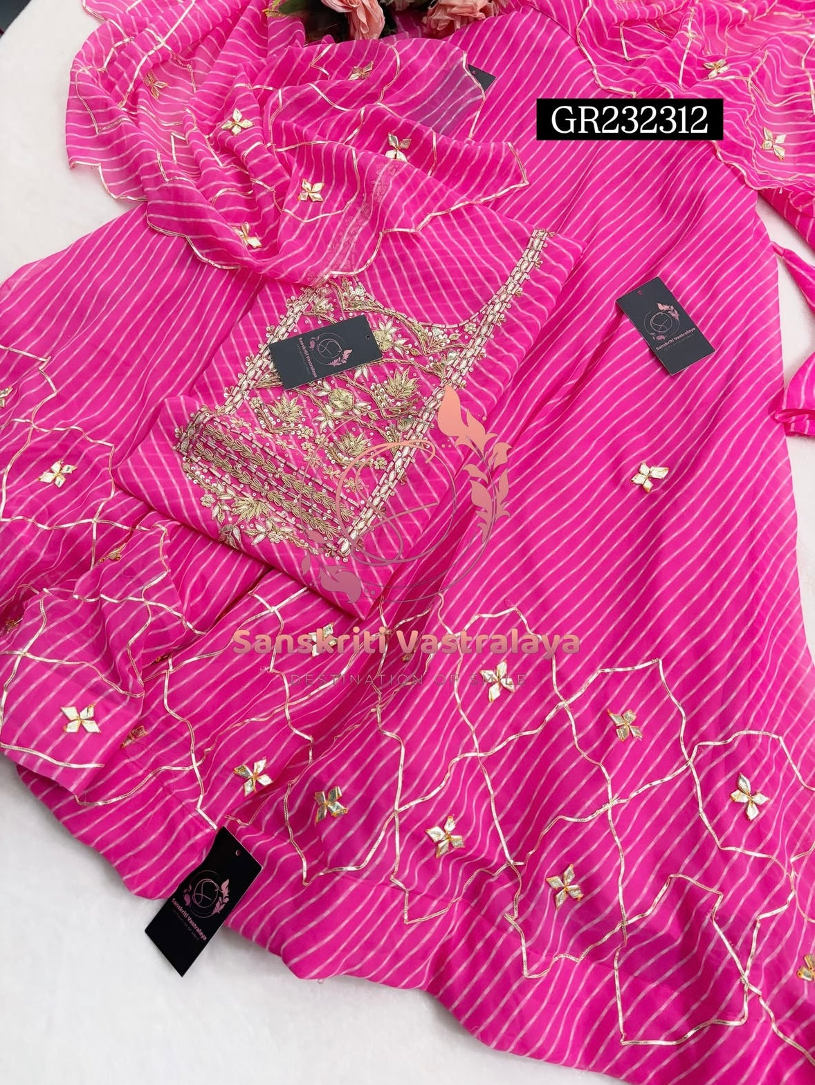 SKIRT SET IN GEORGETTE | GOTA PATTI ZARDOSHI HANDWORK WORK 3 PC BABYPINK LEHENGA KURTA DUPATTA SET GR232312