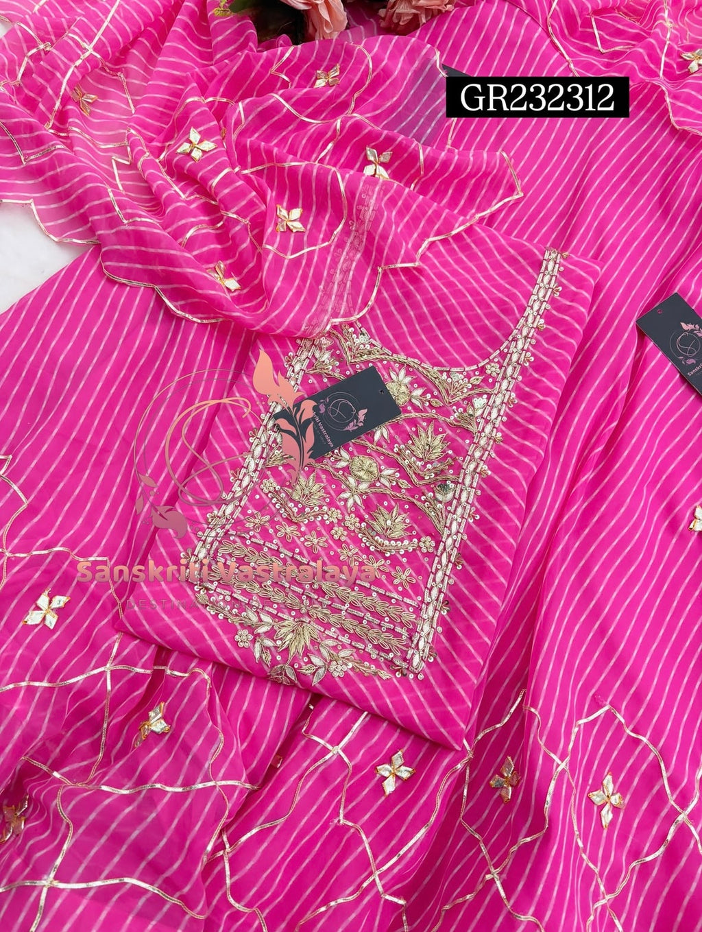 SKIRT SET IN GEORGETTE | GOTA PATTI ZARDOSHI HANDWORK WORK 3 PC BABYPINK LEHENGA KURTA DUPATTA SET GR232312
