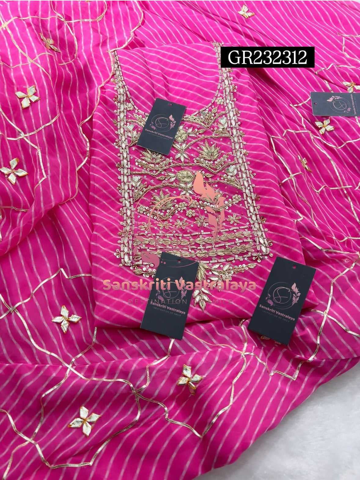 SKIRT SET IN GEORGETTE | GOTA PATTI ZARDOSHI HANDWORK WORK 3 PC BABYPINK LEHENGA KURTA DUPATTA SET GR232312