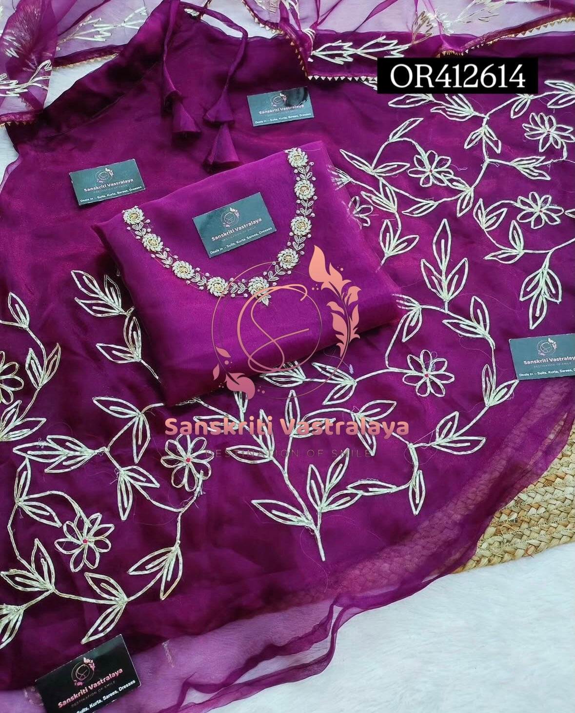 SKIRT SET IN ORGANZA| GOTA PATTI ZARDOSHI HANDWORK WORK 3 PC WINE PURPLE  LEHENGA KURTA DUPATTA SET OR412614