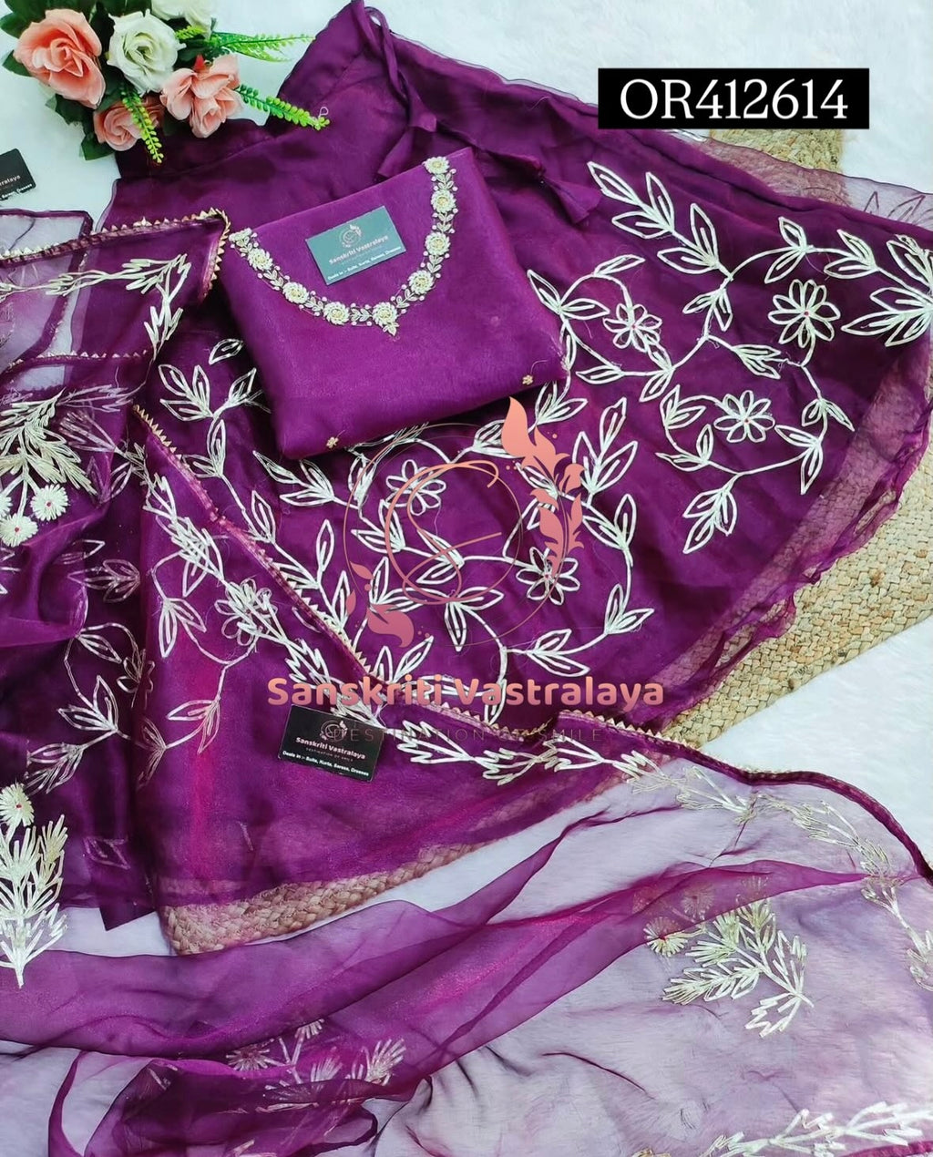 SKIRT SET IN ORGANZA| GOTA PATTI ZARDOSHI HANDWORK WORK 3 PC WINE PURPLE  LEHENGA KURTA DUPATTA SET OR412614