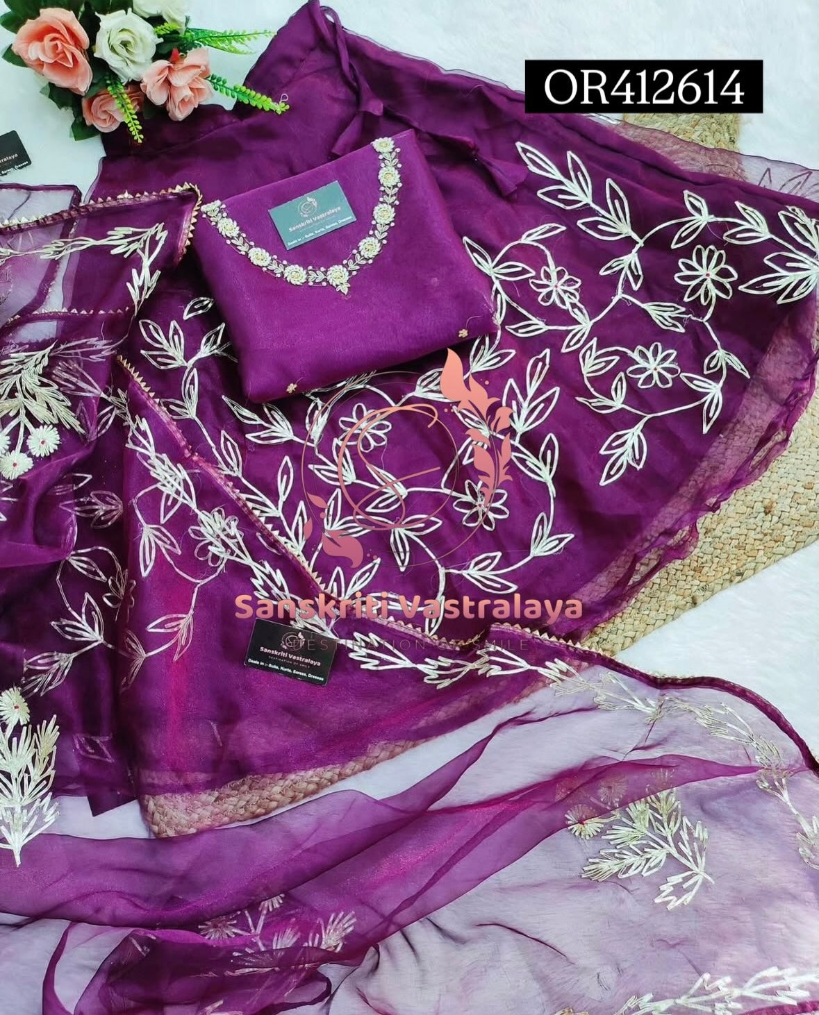 SKIRT SET IN ORGANZA| GOTA PATTI ZARDOSHI HANDWORK WORK 3 PC WINE PURPLE  LEHENGA KURTA DUPATTA SET OR412614