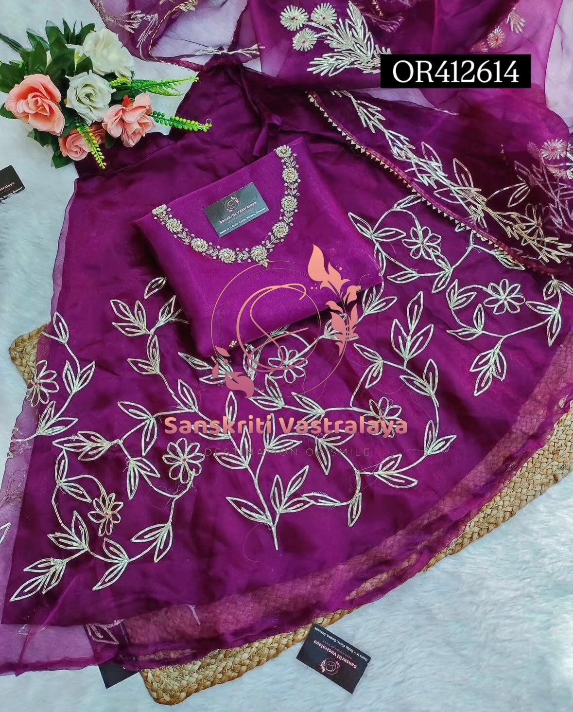 SKIRT SET IN ORGANZA| GOTA PATTI ZARDOSHI HANDWORK WORK 3 PC WINE PURPLE  LEHENGA KURTA DUPATTA SET OR412614